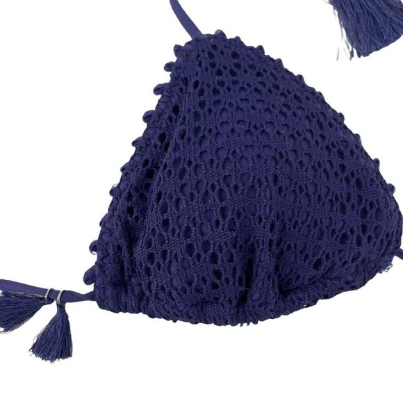 Victorias Secret Teeny Triangle Bikini Top Navy Blue Tassel Crochet Lace Size M - Picture 4 of 10